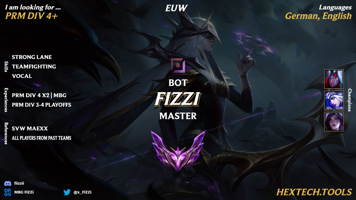 After two splits with <a href="/MANIAC_ESPORT/">MAN!AC</a> Im once again lft. Primarily looking for Prime leauge offers but considering equivalent ERL's aswell.
Best way to contact me is via discord (fiizzii)