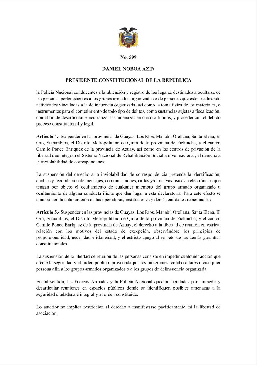 ProgIntl's tweet photo. URGENT 🇪🇨 24 hours before voting, Daniel Noboa has issued Executive Decree 599 suspending constitutional rights of Ecuador's citizens: inviolability of the home, inviolability of correspondence, freedom of assembly, and freedom of movement — and declared a "state of exception." https://t.co/w2XawEqLw2