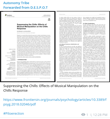 Israel_ANY's tweet photo. Suppressing the Chills: Effects of Musical Manipulation on the Chills Response
https://t.co/Ejb5W7YC8t
#Piloerection https://t.co/DVRzUPDlKY