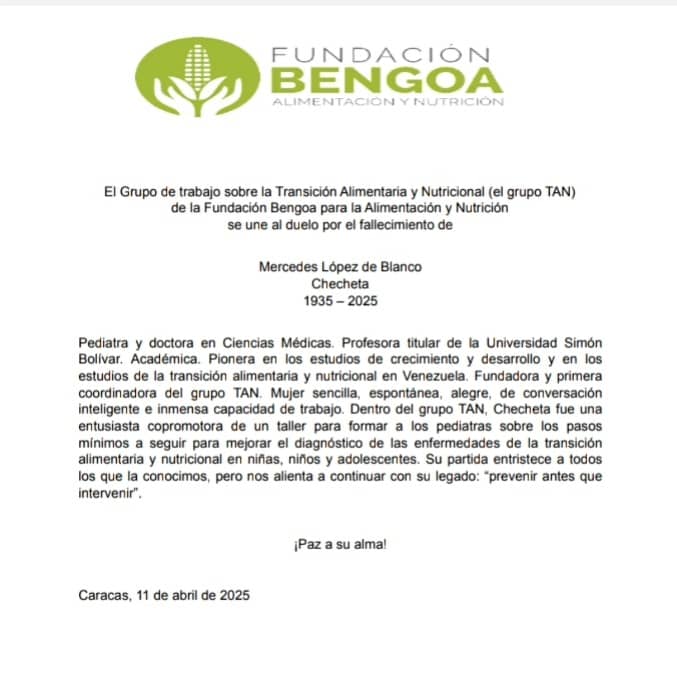 Falleció la Dra. Mercedes López de Blanco, personaje extraordinario, pionera en los estudios de crecimiento y desarrollo de nuestros niños y adolescentes. Una pérdida para el país. Condolencias sentidas a sus deudos