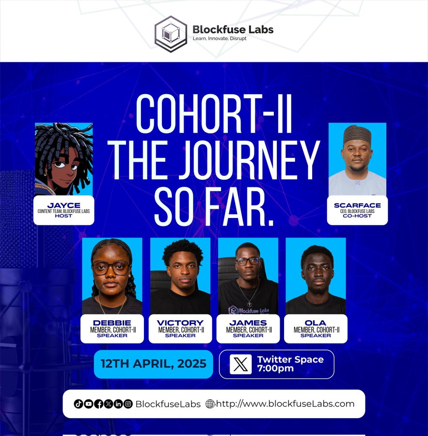 ScarFace of Blockfuse Labsξ¨ (@scarfacedoteth) on Twitter photo The Journey So Far...
Join us this evening as we host a powerful session on Cohort II: The Journey So Far at <a href="/blockfuselabs/">Blockfuse Labs</a> !
I'll be co-hosting alongside <a href="/Jayce_of_Web3/">Jayce.</a> from our content team, and we'll be joined by four amazing speakers from the current cohort <a href="/DKudaru/">Aunty Debo π</a> , The Journey So Far...
Join us this evening as we host a powerful session on Cohort II: The Journey So Far at <a href="/blockfuselabs/">Blockfuse Labs</a> !
I'll be co-hosting alongside <a href="/Jayce_of_Web3/">Jayce.</a> from our content team, and we'll be joined by four amazing speakers from the current cohort <a href="/DKudaru/">Aunty Debo π</a> ,