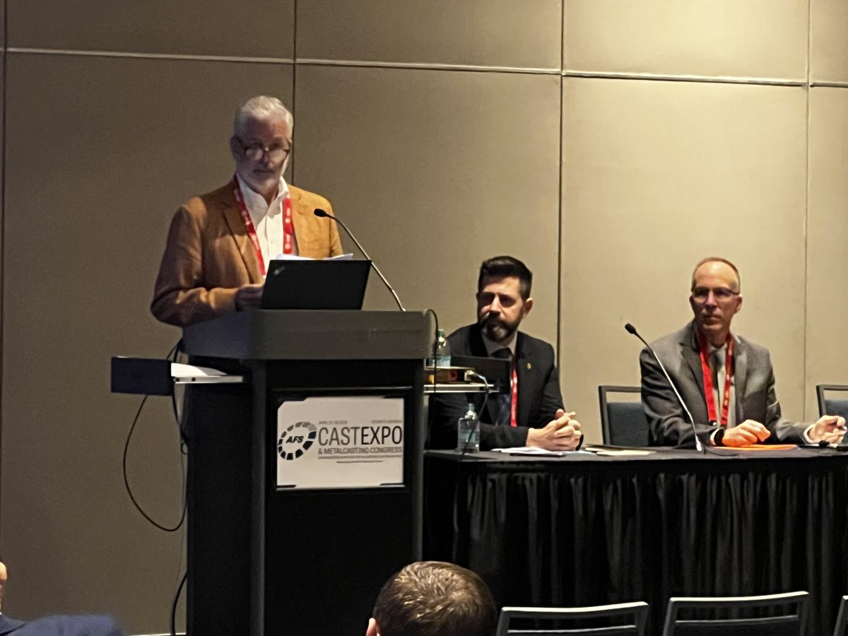 Brad Muller of Charlotte Pipe &amp; Foundry introduces Jose Javier Lopez of the @WorldfoundryOrganization at @CastExpo. Adam Kopper of Mercury Marine is at right.