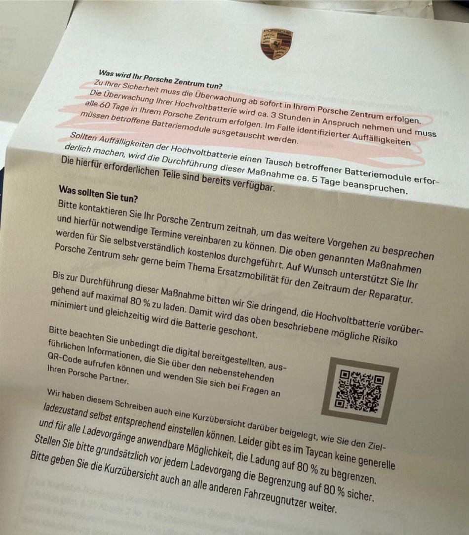 Porsche: *produces pouch cell Taycan*
Also Porsche:
"What will your Porsche Centre do?

For your safety, the monitoring must now take place at your Porsche Centre.

The monitoring of your high-voltage battery will be approx. 3 hours and must take place every 60 days at your