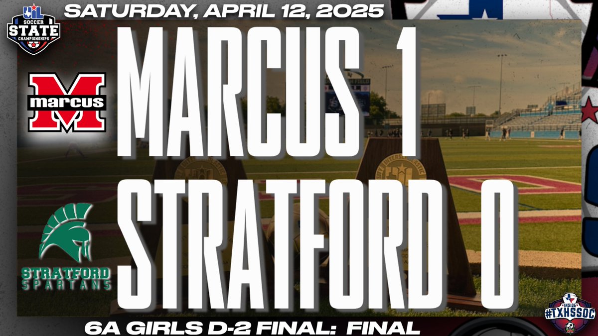 50_50Pod's tweet photo. 6A Girls D2 Final:              
Final from Birkelbach...

Congratulations to the Marauders, your 2025 6A/D2 #UILState Champions!!

@Marcus_MMFCG 1 - 0 @StratfordGSoc
#TXHSSOC #GoingToGeorgetown https://t.co/9jZgdt41zp