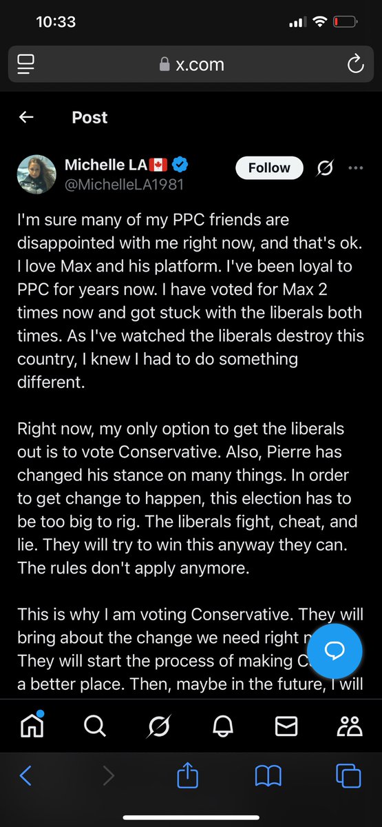 <a href="/Jayde8700/">Jayde</a> Longtime PPC supporter <a href="/MichelleLA1981/">Michelle LA🇨🇦</a> saying she will vote CPC realizing the stakes are high. There are dozens of other PPC supporters supporting Pierre as well.