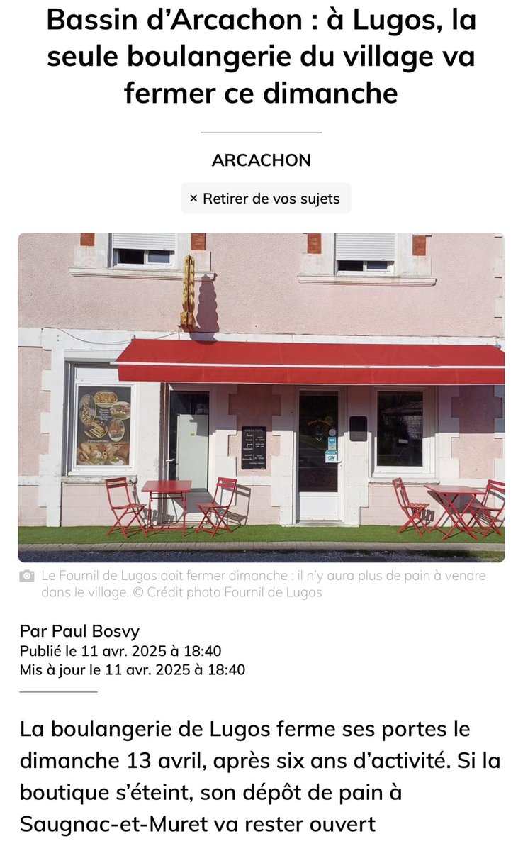 Lugos perd sa seule boulangerie 🥖 
😕 Encore un village sacrifié par des décennies d’abandon de nos campagnes.
😤 Le vrai scandale, c’est ça : une France rurale qui disparaît pendant que le gouvernement s’occupe de tout… sauf des Français.