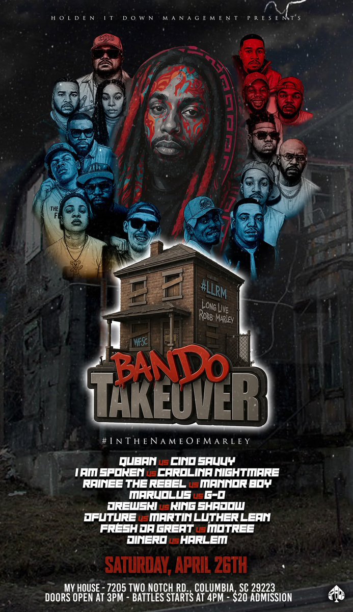 Marvolus1984's tweet image. This one for the bro!!! Long Live Robb Marley RIP!! I will be EXTRA FLY and AT MY BEST just like he would be when he was booked!! 
MARVOLUS VS G-O
APRIL 26th @  My House Restaurant and Bar 7205 Two Notch Rd Columbia SC 29223 doors open at 3pm 
#LLRM #HIDM