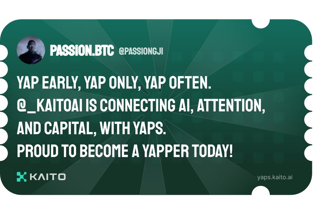 Yap early, yap only, yap often.

<a href="/KaitoAI/">Kaito AI 🌊</a> is connecting AI, attention and capital with Yaps.

Just claimed my social card and I'm accumulating Yap points in real-time.

Claim yours 👉 yaps.kaito.ai/referral/11850…