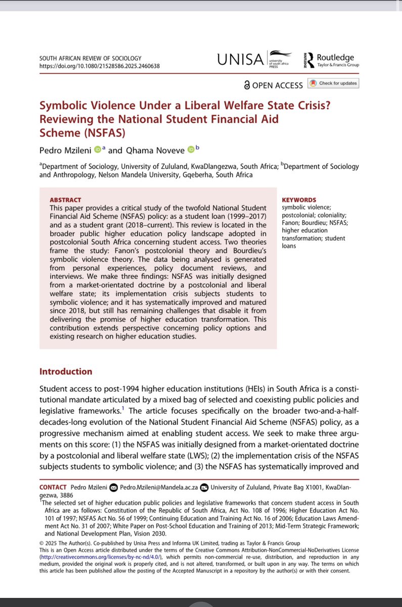 🚨✍️🔓 New Research Paper; where we show how NSFAS owes its foundations to a postcolonial-liberal welfare state &amp; is therefore prone to systemic crisis. A timeous article on the global history of welfare states &amp; postcolonial states. Available Open Access: doi.org/10.1080/215285…