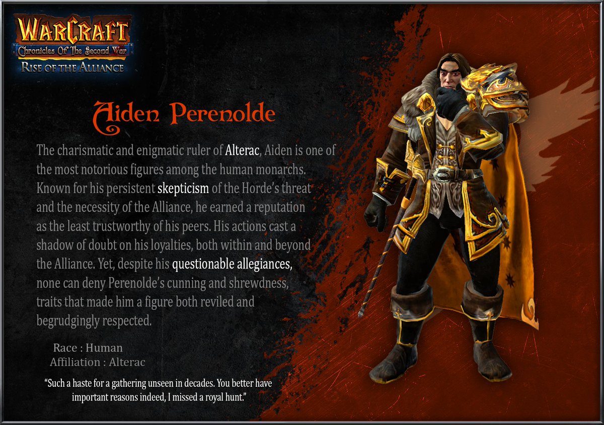 👑 Character Featurette - Aiden Perenolde

Perenolde's decision of tainted peace with the Horde lead to Alterac's doom.
Now the only lasting legacy remaining that kingdom is it's cheese. Which somehow will still be widely distributed around all lands decades to come!🧀