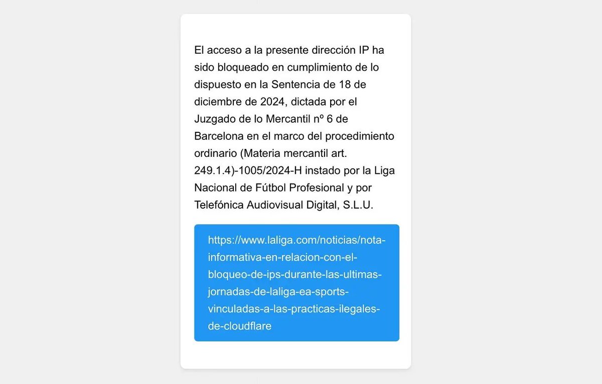 elOrdenMundial's tweet photo. ⚠️ Si estos días no has podido entrar a nuestra web... esto te interesa.

Es muy probable que no hayas podido entrar a la web de EOM si había partido de liga.

¿Por qué?

Porque LaLiga de fútbol está bloqueando miles de webs en su intento de luchar contra la piratería en el fútbol. Entre ellas, la de la RAE o la nuestra.

Te contamos más detalles sobre ello aquí 👇
https://t.co/VdyhHlpbvi