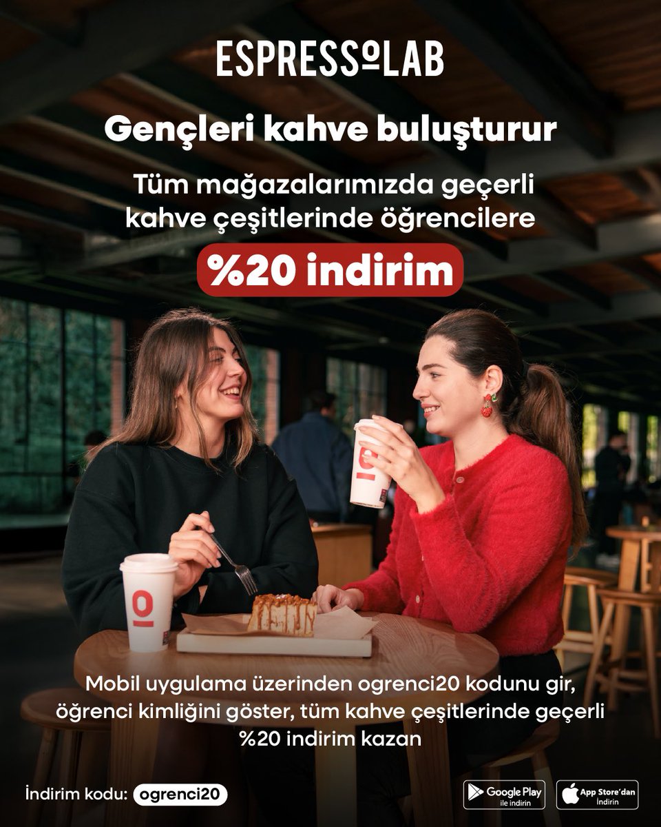 Gençleri kahve buluşturur. ☕️📚

Öğrenciler Türkiye’deki tüm mağazalarımızda kahvelerini %20 indirimli yudumluyor. 

Espressolab mobil uygulaması üzerinden ogrenci20 kodunu gir, öğrenci kartını göster, tüm kahve çeşitlerinde geçerli anında %20 indirim kazan.

İndirim Kodu: