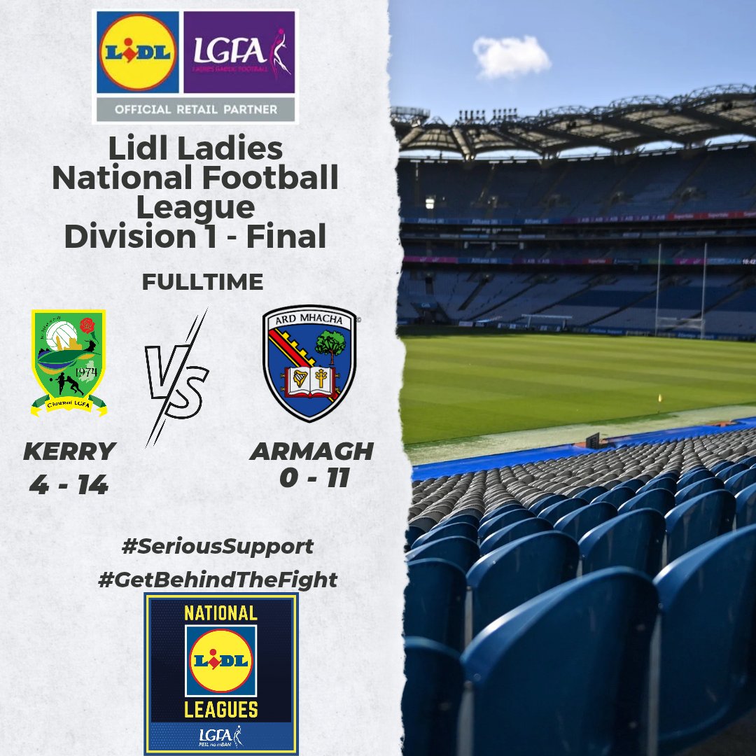 Huge congratulations to the Senior <a href="/kerryladiesfoot/">KerryLGFA</a> team and management on a fantastic result in Croke Park this evening in the Lidl National Football League Division 1 Final against Armagh. Up The Kingdom! 🟢🟡