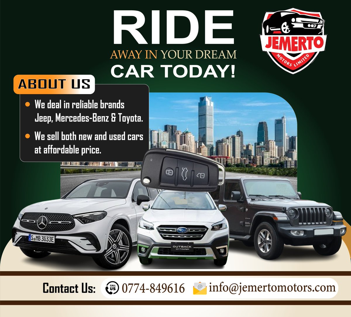 Your Next Adventure Begins!  
Discover our curated Jeep, Toyota, and Mercedes-Benz vehicles at <a href="/JemertoMotors/">Jemerto Motors Limited</a>. From rugged off-roaders to sleek luxury sedans, find your dream ride.  
#JemertoMotors #CarShopping #AffordableLuxury #RideOrDont #CarDeals #UnbeatablePrices #CarSales