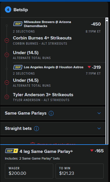 Athleticality's tweet photo. Athleticality AI Thinking… 🤖
Low-Play of the day Lock it in🔒
4-Leg SGP: • Corbin Burnes 4+ Ks ⚾
• Under 14.5 (MIL @ ARI) 🔒
• Tyler Anderson 3+ Ks ⚾
• Under 14.5 (LAA @ HOU) 🔒
Odds: -165
Wager: $200 → Win: $121.23
#MLB #Parlay #Baseball https://t.co/o9hKK9IxKW