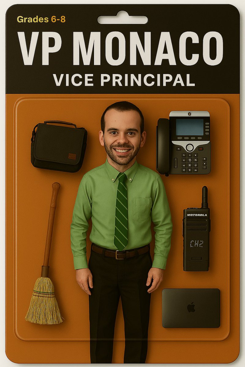 Introducing the VP MONACO action figure! Use it to solve problems, visit classrooms, and keep the hallways in check!

🏫 <a href="/SoehlLPS/">Joseph E. Soehl Middle School</a> Edition
💼 Accessories Included
👊 Leadership Guaranteed

#VicePrincipal #ActionFigure #ActionFigures
