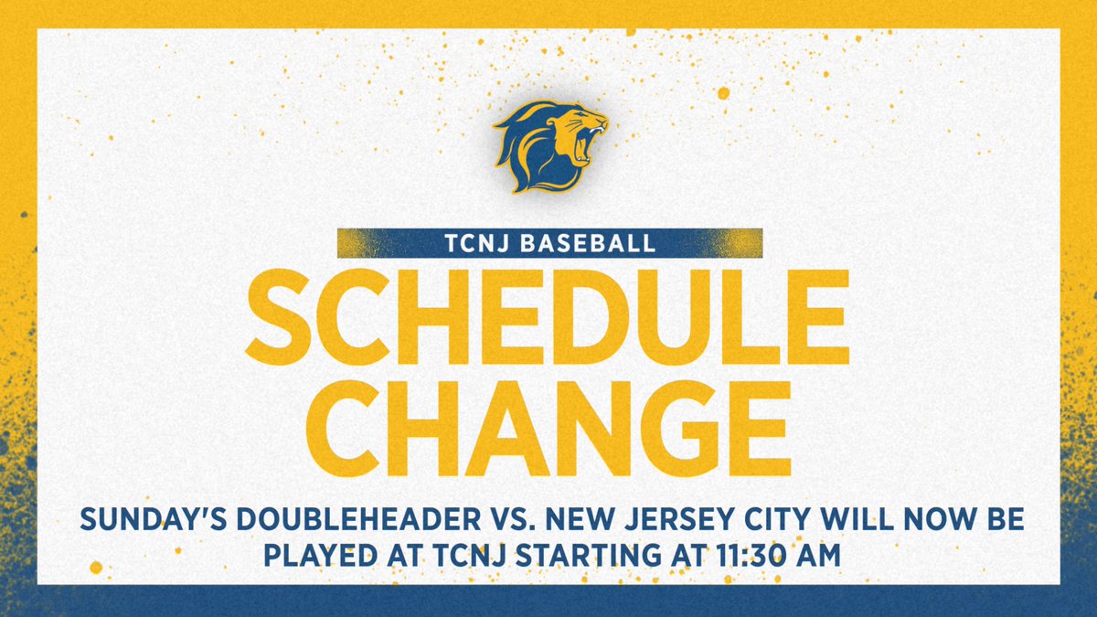 TCNJ Athletics (@tcnjlions) on Twitter photo BSB | Schedule change: The <a href="/BASEBALLTCNJ/">TCNJ BASEBALL</a> doubleheader against NJCU will now be played at George Ackerman Park on Sunday, with first pitch set for 11:30 AM
#TCNJ #LionPride #d3baseball BSB | Schedule change: The <a href="/BASEBALLTCNJ/">TCNJ BASEBALL</a> doubleheader against NJCU will now be played at George Ackerman Park on Sunday, with first pitch set for 11:30 AM
#TCNJ #LionPride #d3baseball