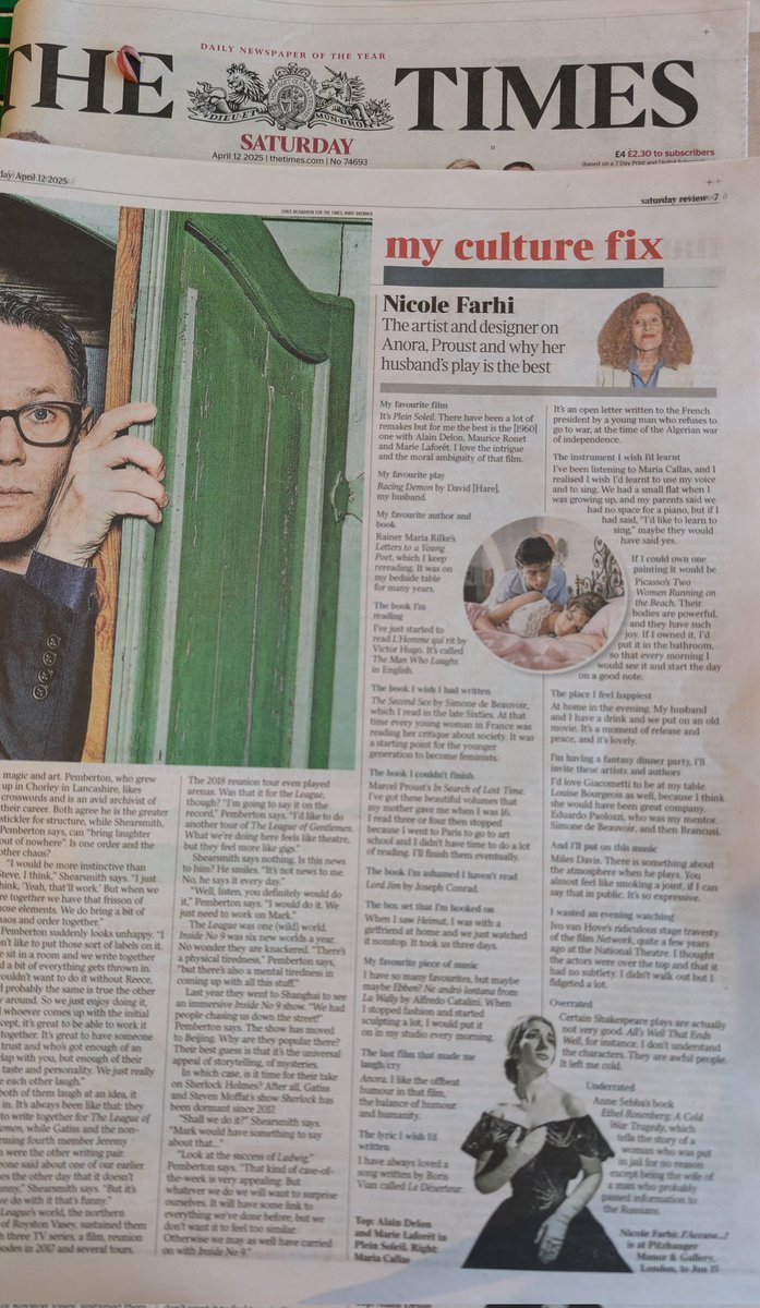 Find out Nicole Farhi's favourite play  in The Times Saturday Review today. Clue: it was written by her husband, David Hare, who is pictured with her here at her exhibition of sculptures, J'Accuse...! , currently showing at Pitzhanger Manor, Ealing.