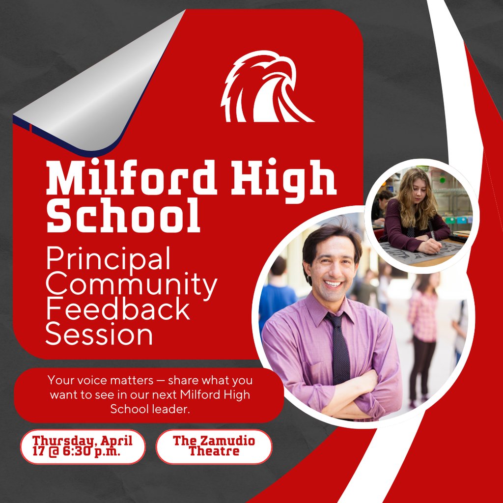 What makes a great high school principal? Vision? Communication? Student support? We want to hear from YOU! 🦅

Join us Thurs, April 17 at 6:30 PM in the Zamudio Theatre to share what matters most in our next MHS leader.

milfordschools.org/article/2133267