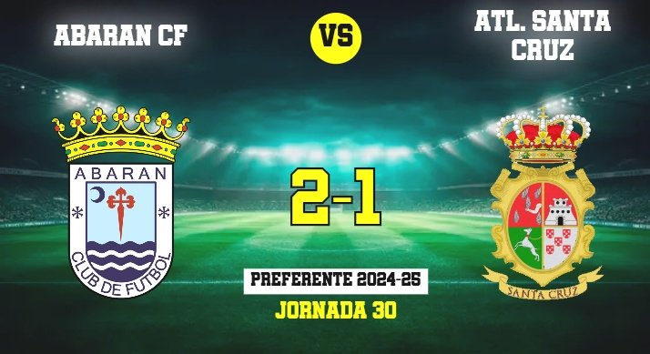 Preferente Autonómica
Abarán CF 2 - Atlético Santa Cruz 1 . Nico Carrasco aparece en las postrimerías  con un doblete y rescata una victoria para los de las Colonias, ante el líder