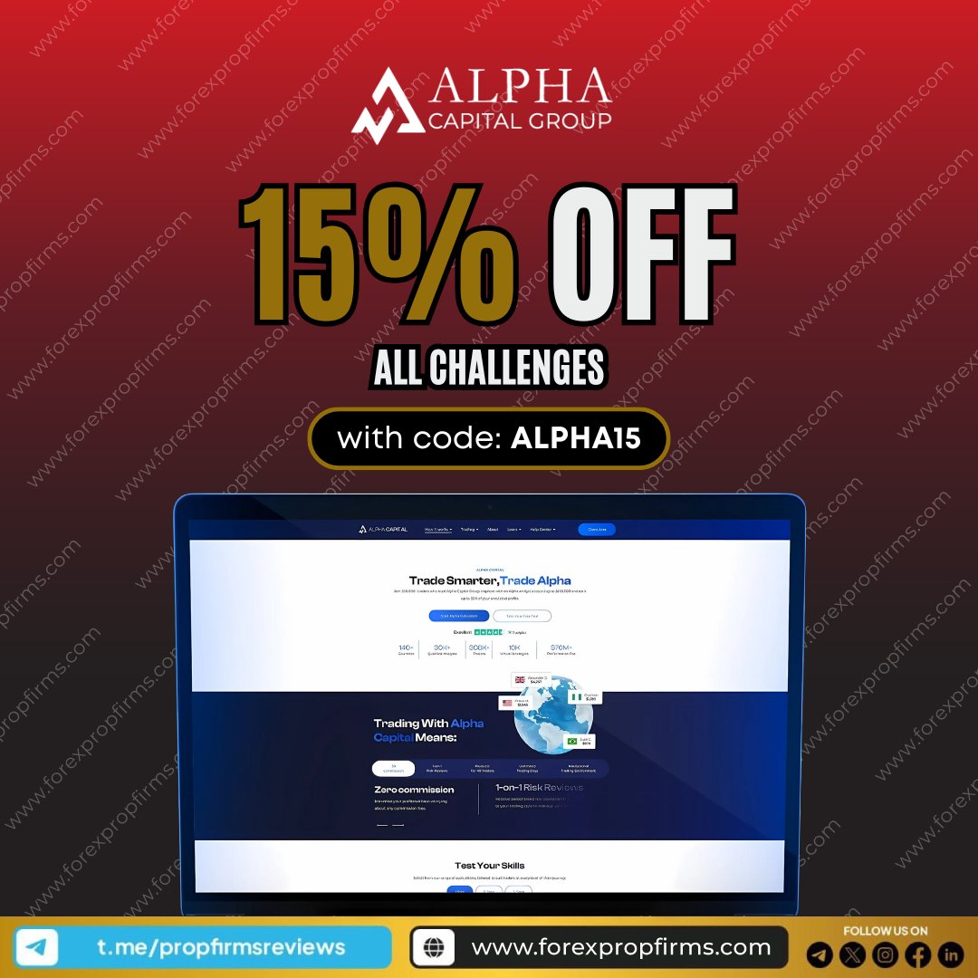 propfirms's tweet image. ๐ฏ Alpha Capital Group: 15% Off All Funded Accounts!
Use code ALPHA15 at checkout to saveโvalid through April 30. Applies to accounts up to $200K. Keep up to 80% of your profits.
๐ธ Donโt miss out!
#AlphaCapitalGroup #ForexDeals #PropFirmUpdate #TradingDiscount