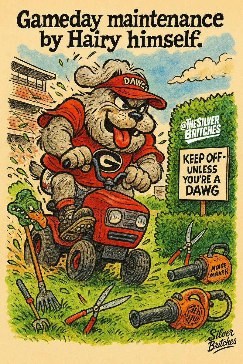 silverbritch's tweet photo. Gameday maintenance by Hairy himself.
The hedges are trimmed. The Gator head’s mulched. The blower’s set to “noise.”
Sanford’s ready.

#GDay #GoDawgs #SilverBritches https://t.co/NMgh9EImDM