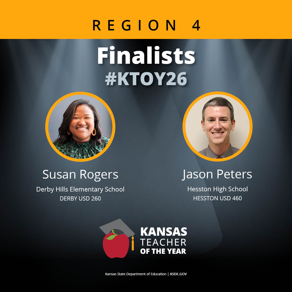 Congrats, Susan Rogers, 1st grade teacher at Derby Hills Elem., USD 260, &amp; Jason Peters, math teacher at Hesston HS, USD 460, for being chosen Region 4 finalists for Kansas Teacher of the Year! #KTOY26 @DerbyHillsElementary, @HesstonSwathers Read more at ksde.gov