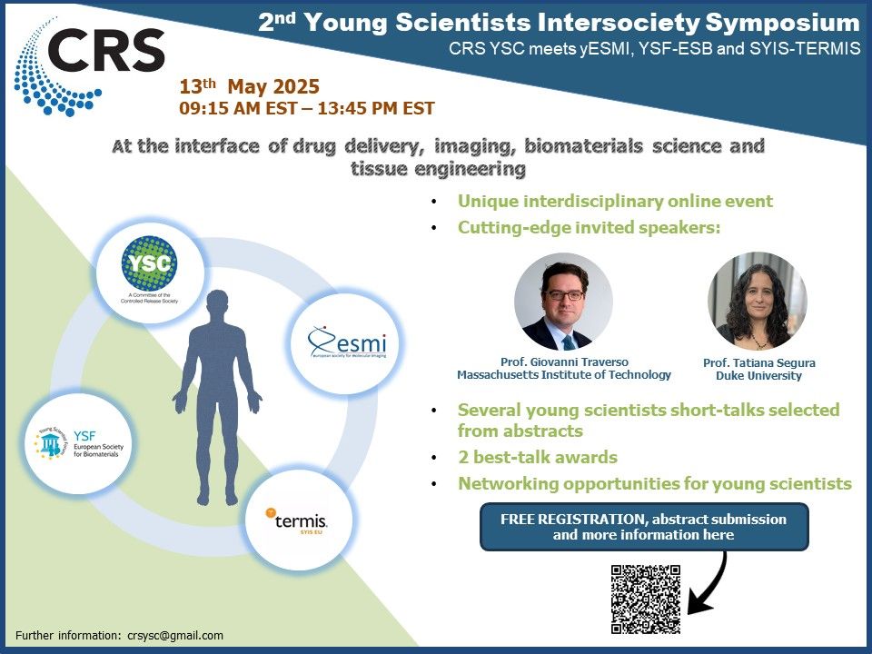 TERMIS SYIS EU (@syiseu) on Twitter photo We are happy to join the 2nd #YoungScientistsIntersocietySymposium with our friends from <a href="/CRS_YSC/">Young Scientist Committee YSC-CRS</a>, <a href="/ESMI_society/">European Society for Molecular Imaging - ESMI</a>, and <a href="/ESBiomaterials/">European Society for Biomaterials</a>!
Don't miss it!
📅May 13, 2025 | 9:15 AM – 1:45 PM EST
🆓FREE Registration
🧑💼Abstracts due April 25
🔗 Event: controlledreleasesociety.org/events/2nd-you… We are happy to join the 2nd #YoungScientistsIntersocietySymposium with our friends from <a href="/CRS_YSC/">Young Scientist Committee YSC-CRS</a>, <a href="/ESMI_society/">European Society for Molecular Imaging - ESMI</a>, and <a href="/ESBiomaterials/">European Society for Biomaterials</a>!
Don't miss it!
📅May 13, 2025 | 9:15 AM – 1:45 PM EST
🆓FREE Registration
🧑💼Abstracts due April 25
🔗 Event: controlledreleasesociety.org/events/2nd-you…