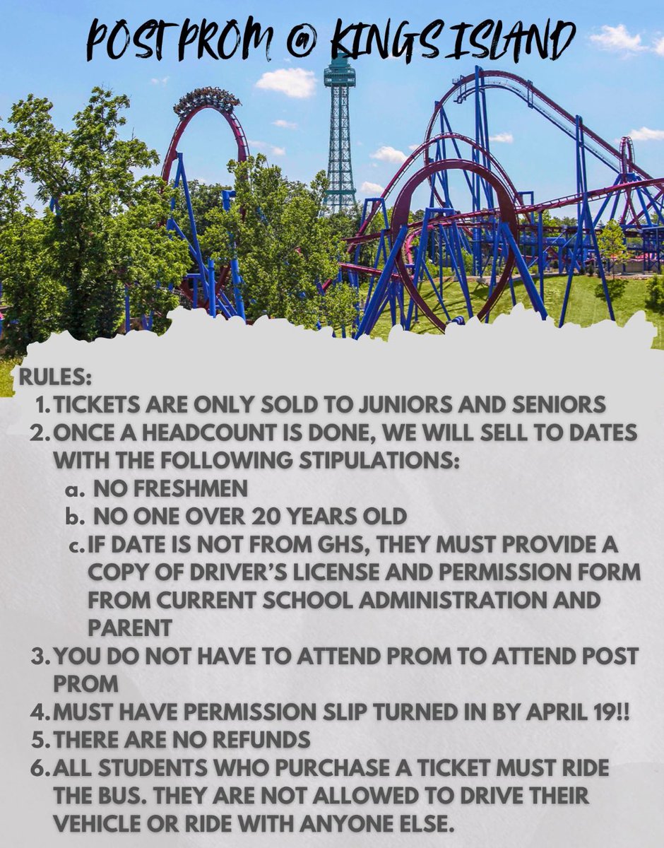 Great news <a href="/GHSWoodmen/">GHSWoodmen</a> Upperclassmen!  Post Prom Kings Island ticket sales continue on Monday and Tuesday.  Don’t forget your cash or check.