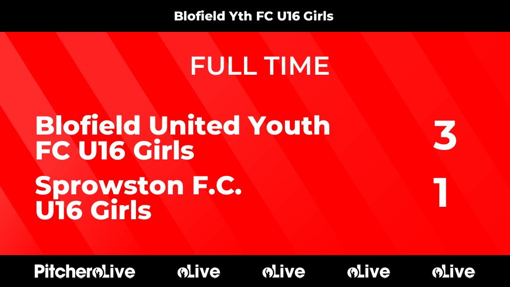 FULL TIME: Blofield United Youth FC U16 Girls 3 - 1 Sprowston F.C. U16 Girls
#BLOSPR #Pitchero. Hat-trick from Sienna.
blofieldunitedyouthfc.com/teams/203536/m…