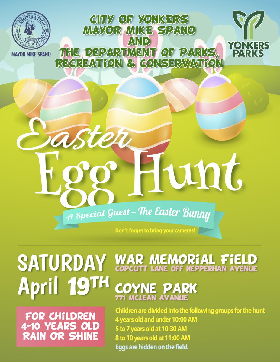 Join us for a fun-filled day sponsored by Mayor Mike Spano, the City of Yonkers, and the Yonkers Parks, Recreation &amp; Conservation Department. Check out the flyer below for all the egg-citing details! 🐣🌼