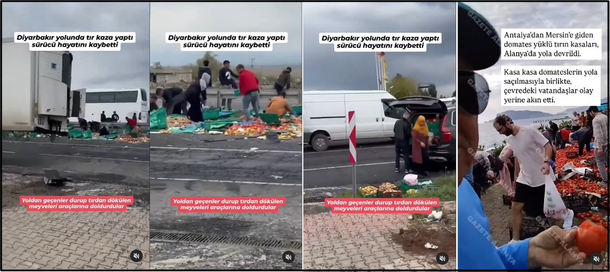 Paleosismolog's tweet photo. Ahlaki çöküntü depremi !!

* Diyarbakır meyva dolu tır kazası, tır şof��rü ölüyor, lüks arabalılar dahil kasa kasa meyva topluyor

* Alanya tır kazası, insanlar poşet poşet domates topluyor..

* Toplumsal bir #deprem yaşıyoruz.. https://t.co/Auxp3EbM8B