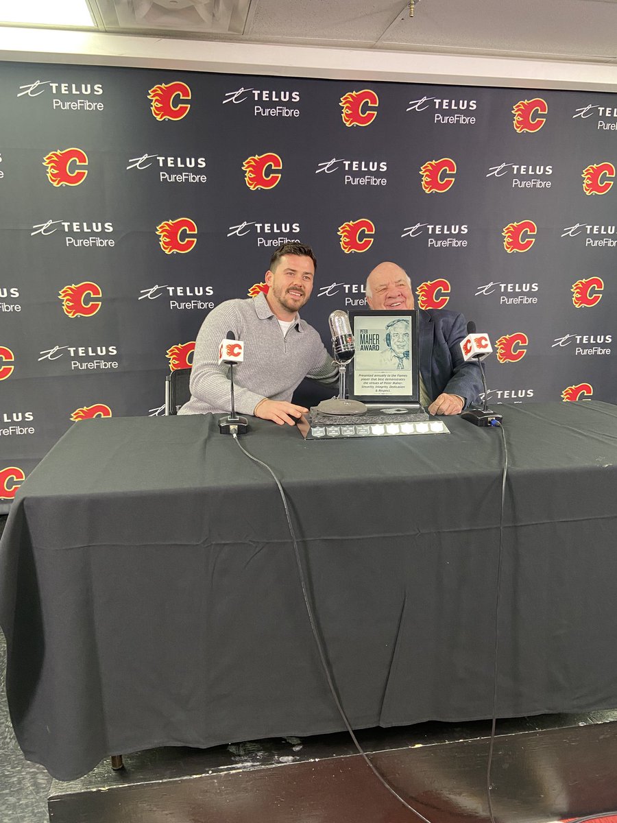 salimvalji's tweet photo. Fun Calgary #flames media tradition…the Peter Maher good guy award was handed out this morning. 

MacKenzie Weegar is this season’s winner! 

Truly, most guys could’ve won. 

Very understanding and good group of athletes to deal with every day https://t.co/CZp85Kszm8
