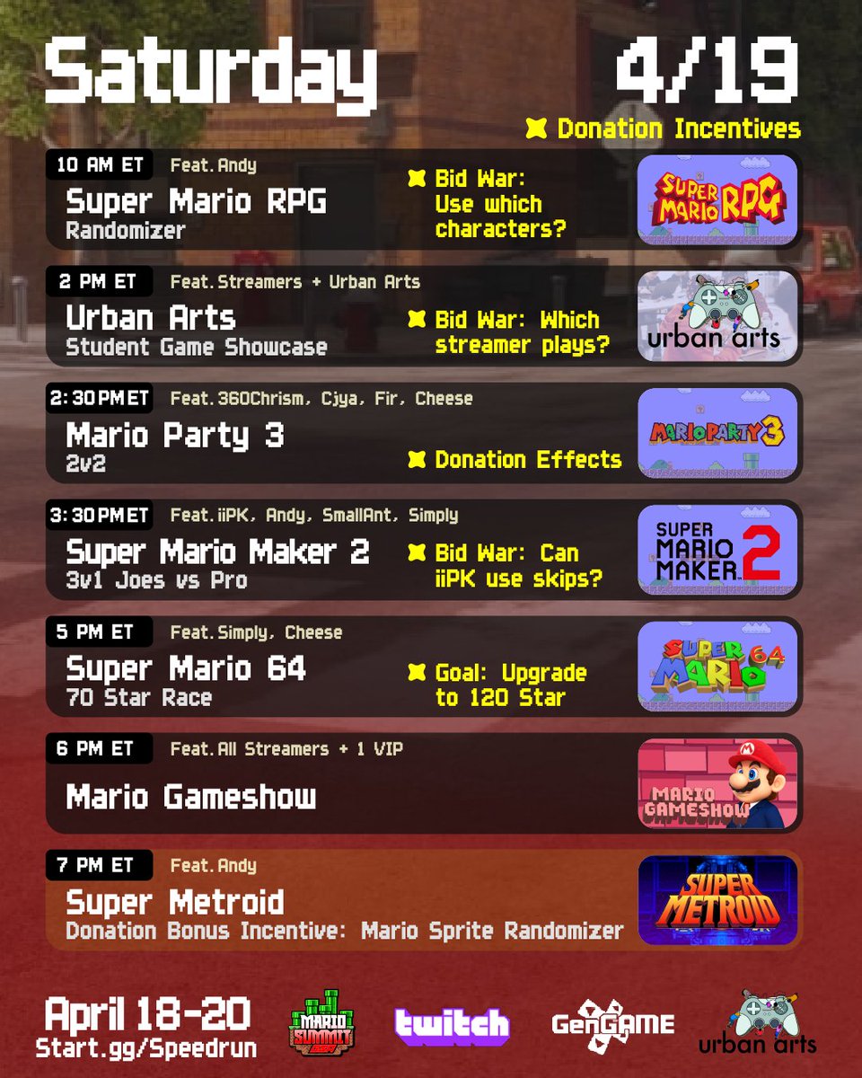 Mario Summit Day 2 schedule!

📍 Urban Arts - New York City
🎟️ Tickets: start.gg/Speedrun