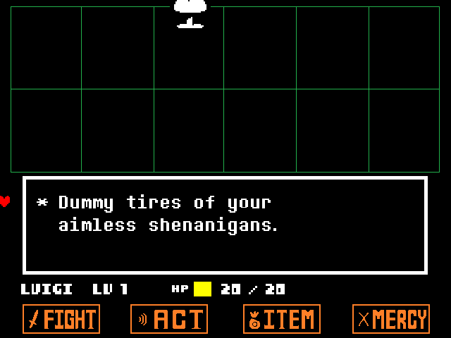 LuigiUTMC's tweet photo. Fun Undertale Fact!:
Idling during the Dummy/Glad Dummy fight will cause it to leave the battle.
You can move your SOUL during this. Holding right will move you back on screen (only if you Spare). https://t.co/MYbVlhPNAF