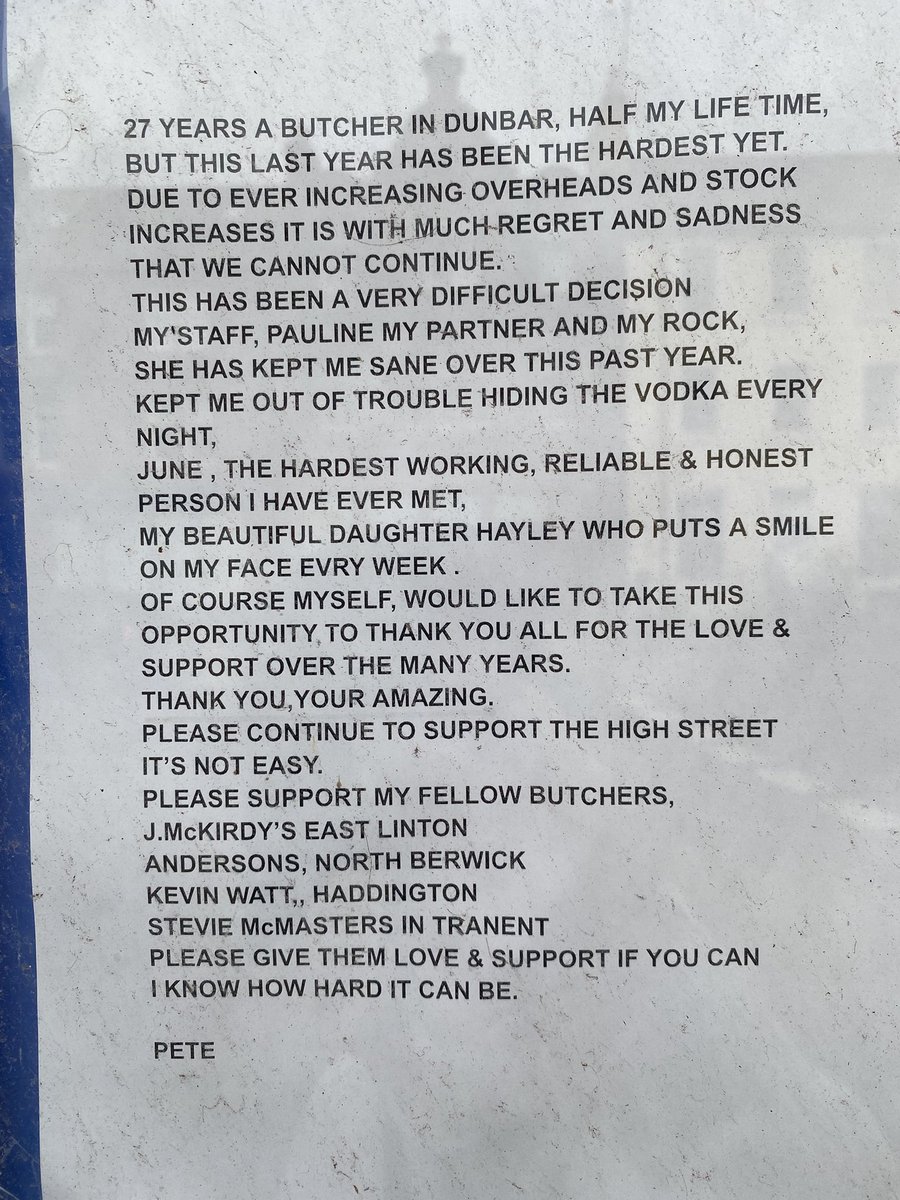 EdiDisgraces's tweet image. Very touching note on this closed butcher shop in Dunbar