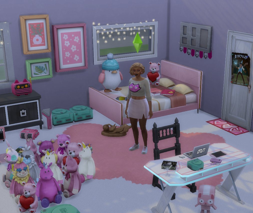 cutthroatpixie's tweet photo. @413countdown day 5: personal space OR dream home

this is my attempt at recreating roxy’s room in the sims 4 lol it is a  genuine TRAGEDY there are no wizard or cat stuffed animals or mutated  cats in jars in the sims
 
 #roxylalonde #thesims4 #homestuck #413countdown https://t.co/eEA0e11Khn