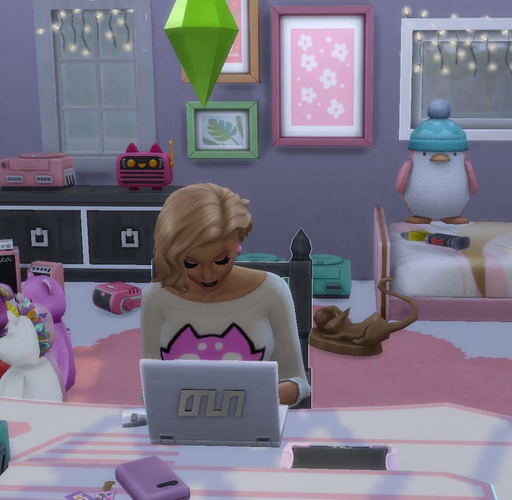 cutthroatpixie's tweet photo. @413countdown day 5: personal space OR dream home

this is my attempt at recreating roxy’s room in the sims 4 lol it is a  genuine TRAGEDY there are no wizard or cat stuffed animals or mutated  cats in jars in the sims
 
 #roxylalonde #thesims4 #homestuck #413countdown https://t.co/eEA0e11Khn