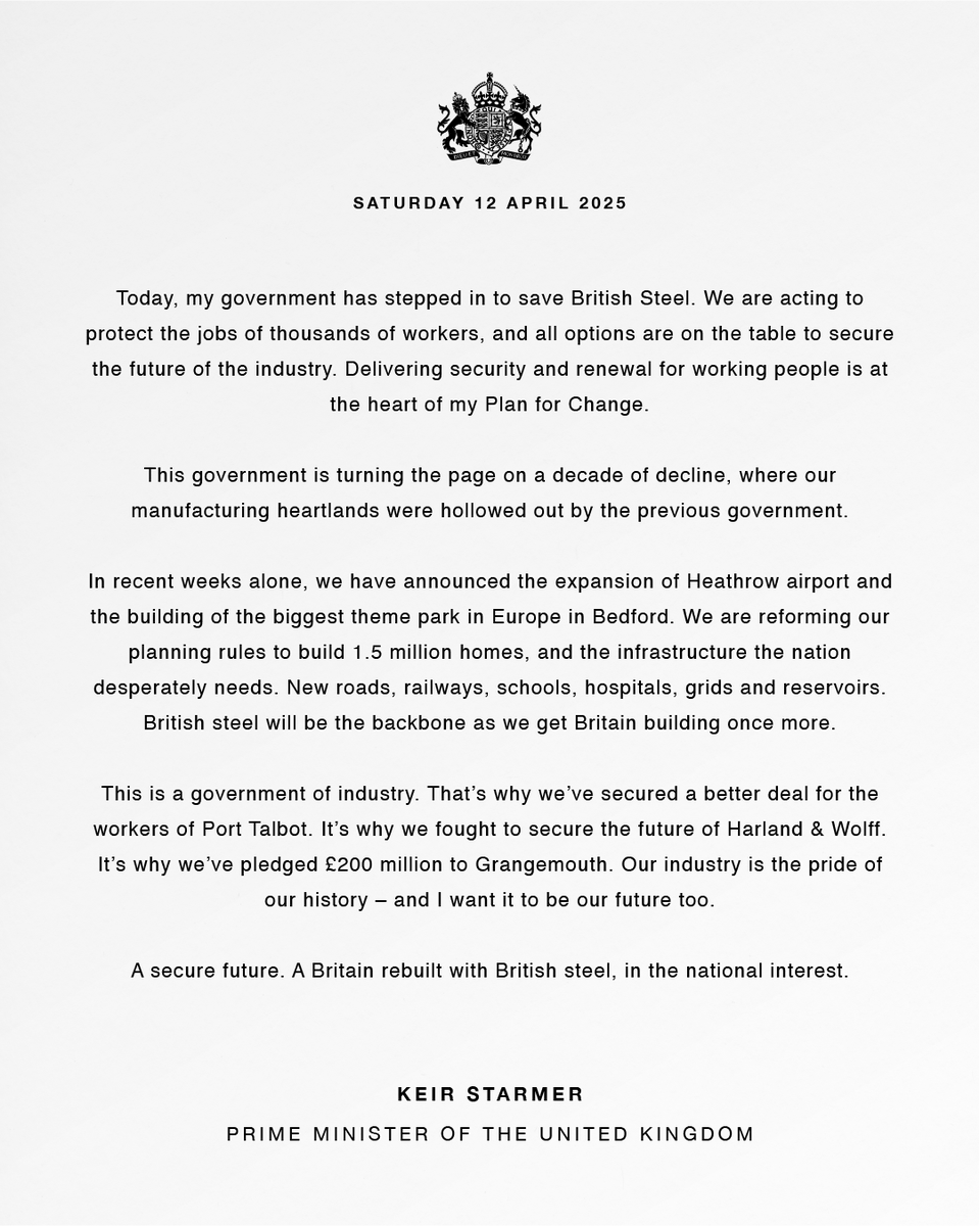Today, my government has stepped in to save British Steel and secure Britain’s future.