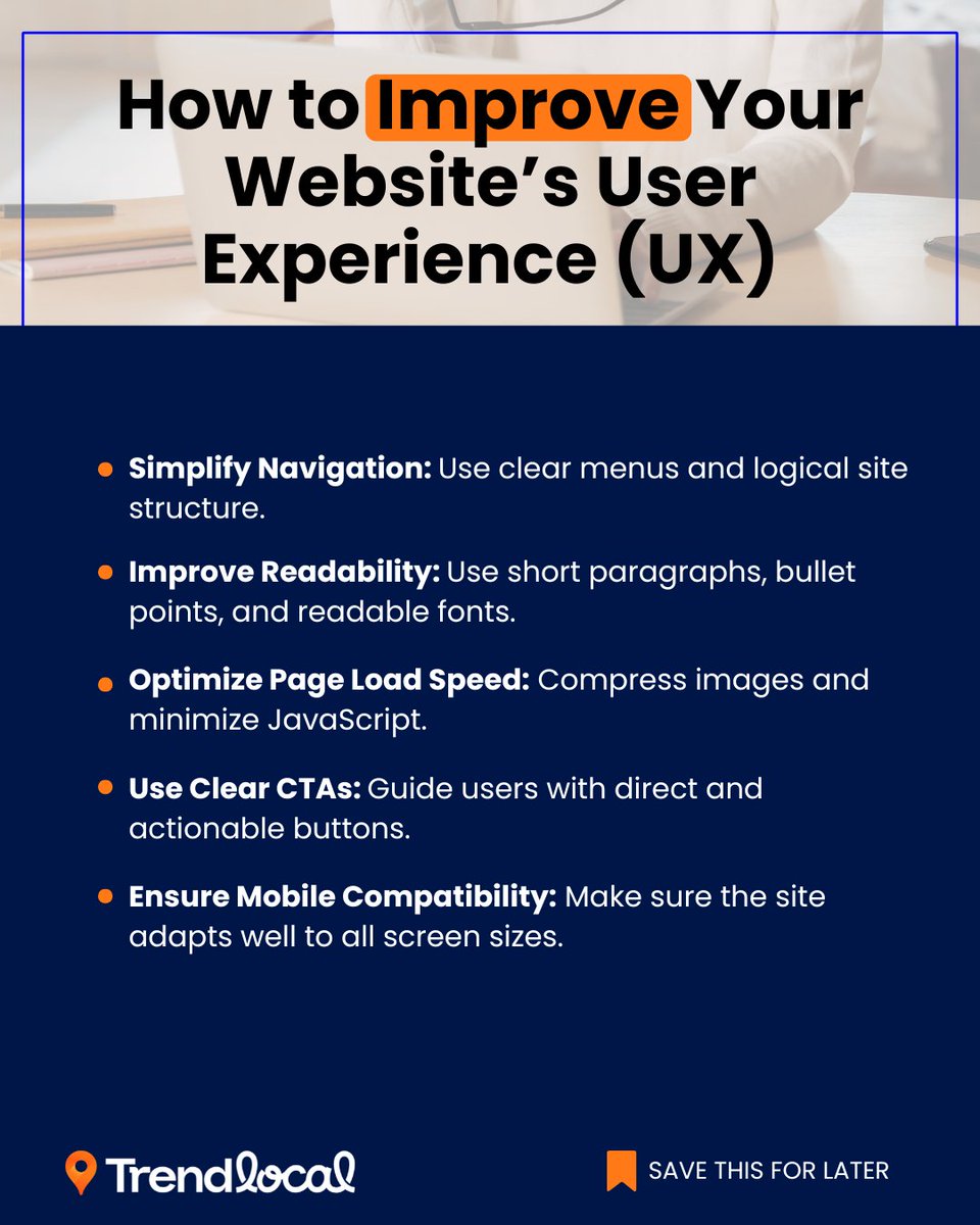 TrendLocalSEO's tweet photo. A confusing website drives visitors away fast. 🚪 UX isn’t just about looks—it’s about ease. Simple navigation, fast loading &amp; clear CTAs keep users engaged. When was the last time you evaluated your site’s UX? 🤔 #UserExperience #WebsiteOptimization #DigitalMarketing https://t.co/hGJ4jjl2WG