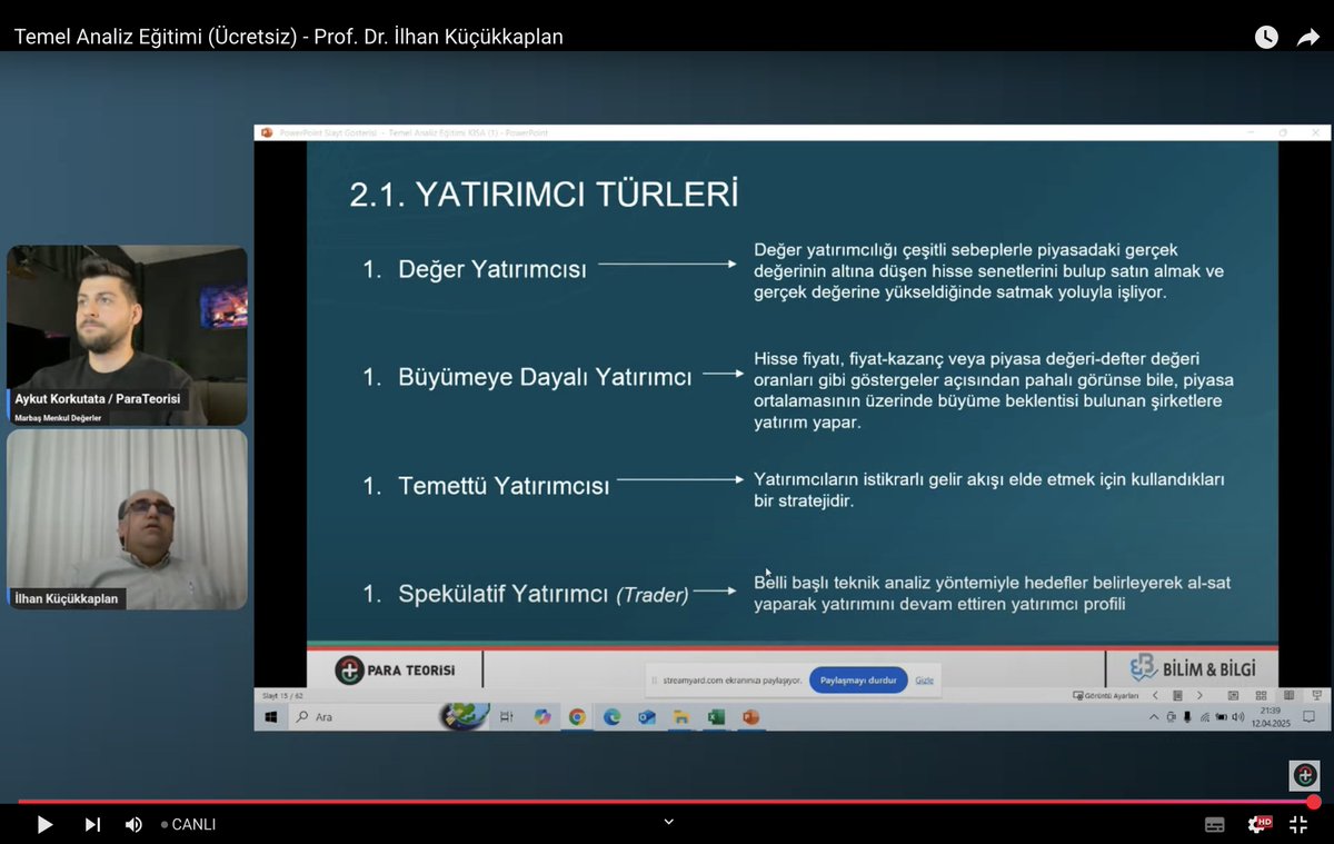 KorkutataAykut's tweet photo. Ücretsiz Eğitim Organizasyonumuzda bu akşam konuğumuz olan Prof. Dr. İlhan Küçükkaplan ile Temel Analiz Eğitim canlı yayınındayız. https://t.co/UKm4uqF1Me