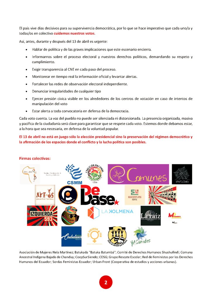 Noboa amplía el cerco autoritario a las elecciones: Estado de Excepción, prohibición de entrada a observadores extranjeros, cambio de recintos a última hora.

La bestia herida se torna más violenta.

La vigilia popular del voto es clave. Aquí 👇un llamado a cuidar la democracia.