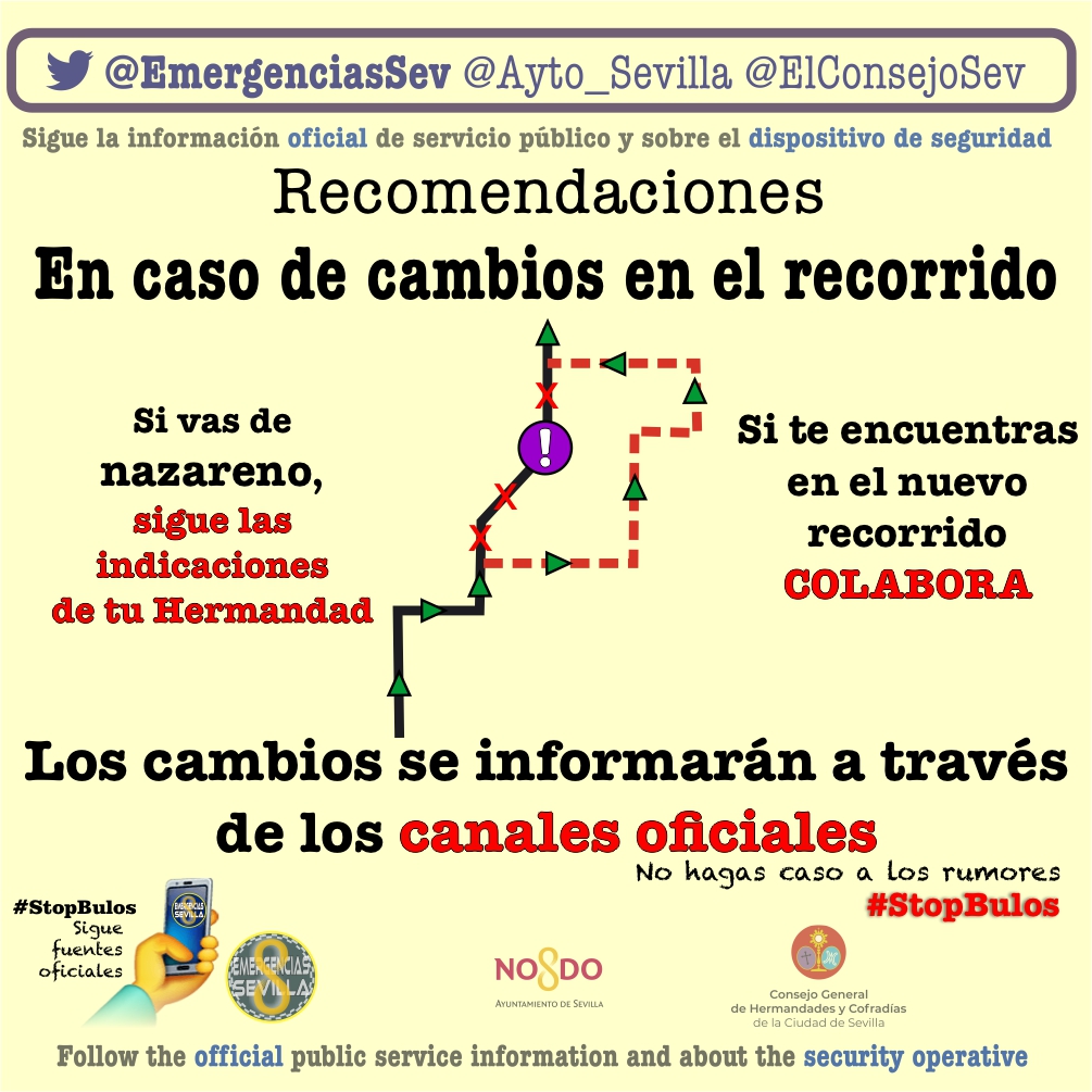 🟪#SSantaSevilla25 
Los itinerarios de las cofradías están previamente analizados, comprobados y libres de obstáculos.
⚠️En caso contingencia se pueden adoptar cambios en el recorrido, por favor sigue estas recomendaciones:
- Si vas de nazareno, atiende las indicaciones de tu