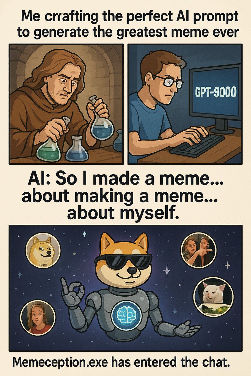 2023Jeeva's tweet photo. Asked AI for the greatest meme ever.
It made a meme… about making a meme… about itself.
Memeception.exe = ✅
#AI #Memes #TechHumor https://t.co/XTq4FCAq6w