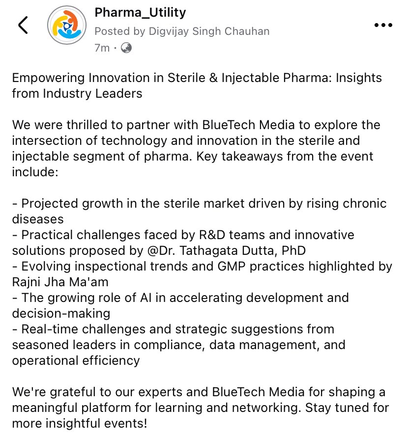 pharmautility's tweet photo. Thank you @BluetechMedia for shaping a meaningful platform for learning and networking. Stay tuned for more insightful events! #Healthcare #PharmaIndustry #Medicines #PharmaInnovation https://t.co/4RBhV037Ft