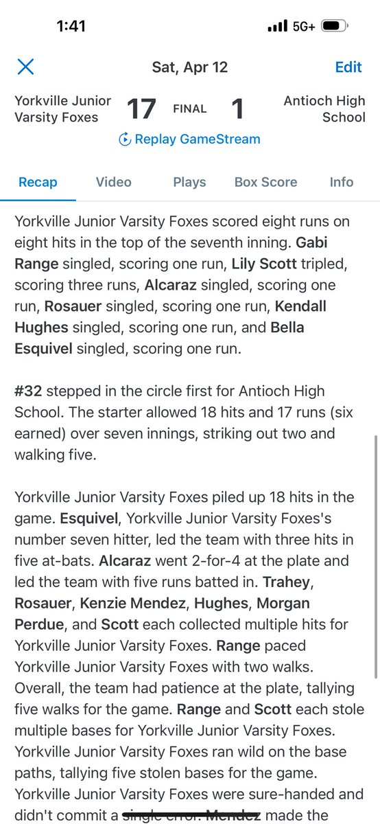 Big day for our JV foxes! <a href="/BellaRosauer7/">Isabella Rosauer 2028</a> with 17 strikeouts on the mound. <a href="/Lilyscott2027/">Lily Scott 2027</a>, Katelyn Trahey, and Bella Rosauer with some big hits