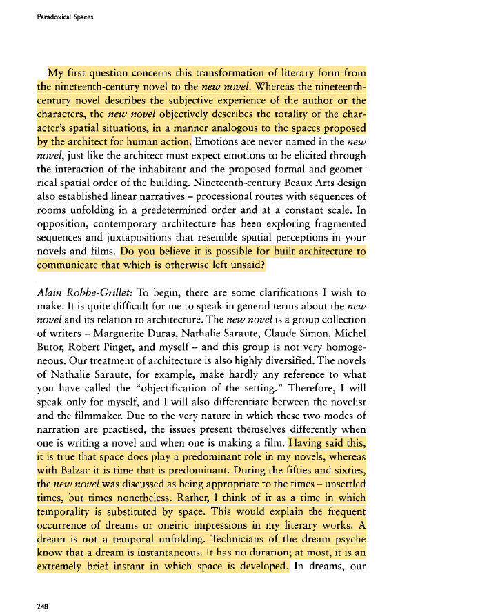 MumbleEraLuke's tweet photo. A dream is not a temporal unfolding. Technicians of the dream psyche know that a dream is instantaneous. It has no duration; at most, it is an extremely brief instant in which space is developed.

--Alain Robbe-Grillet, "Paradoxical Spaces in Literature, Film and Architecture" https://t.co/GI79pt3OCM
