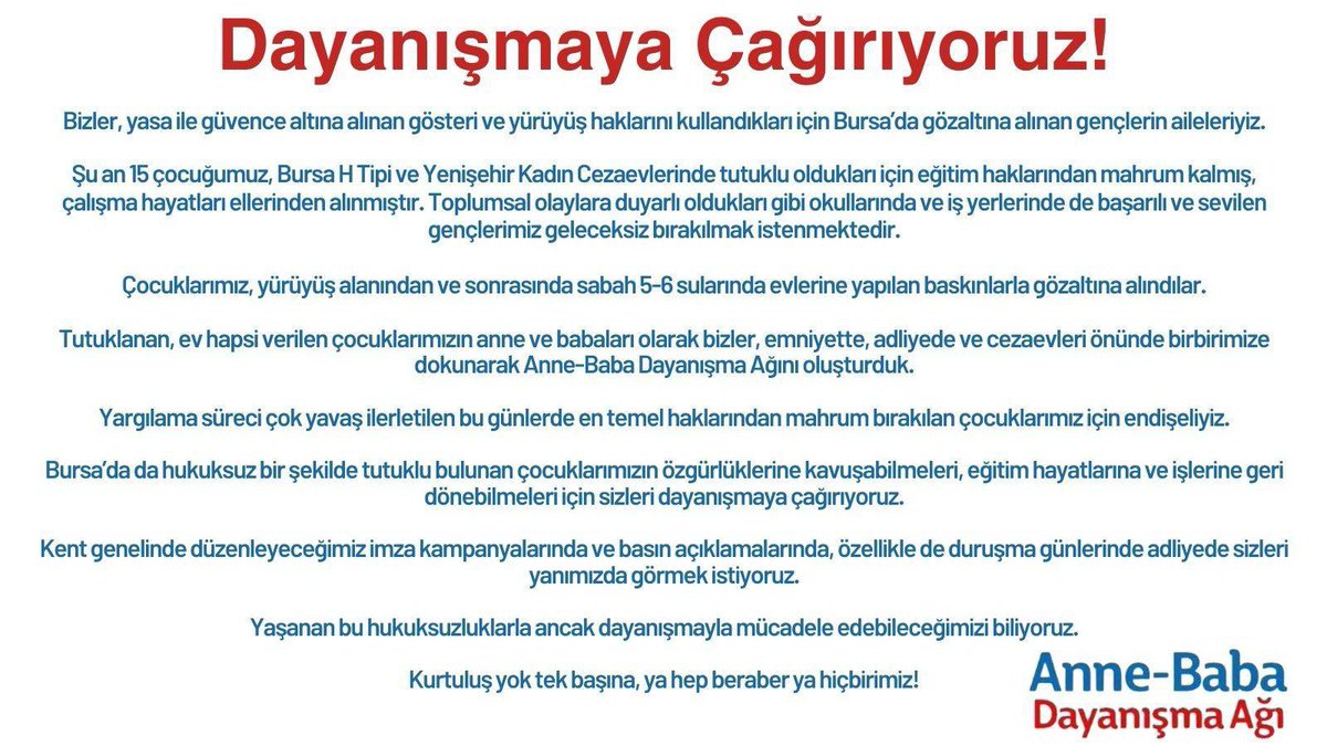 annebabadayanis's tweet photo. Bursa'da ilk duruşma tarihi 21 Nisan. Hepimiz orada olacağız. Tutuklu çocuklarımızın tüm duruşmalarında hep birlikte adliyedeyiz.

*Bursa Anne-Baba Dayanışma Ağı*
_*İletişim: 0 532 789 12 48*_ https://t.co/m5lJ0glLjT