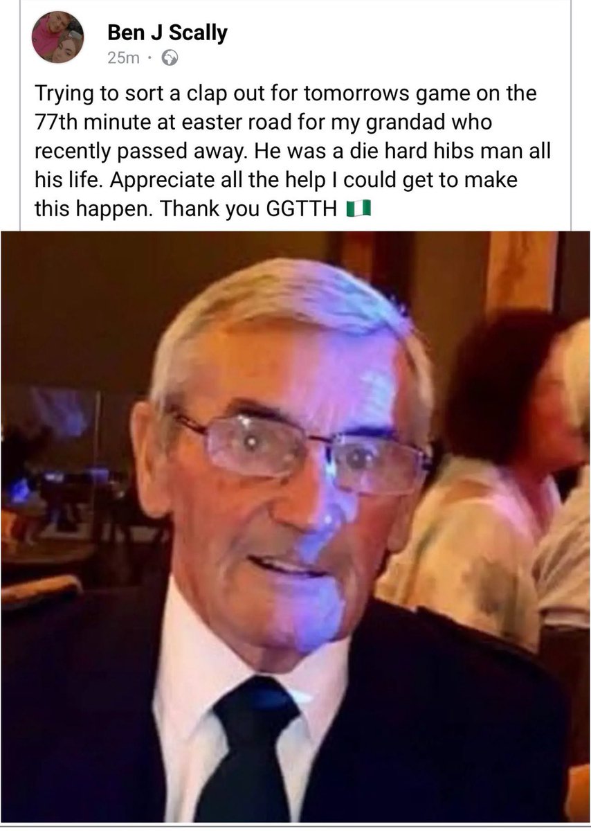 Anyone going to <a href="/HibernianFC/">Hibernian Football Club</a> vs <a href="/DundeeFC/">Dundee Football Club</a> at Easter Road tomorrow…

There is a minute’s applause planned for the 77th minute for a life-long Hibee 💚