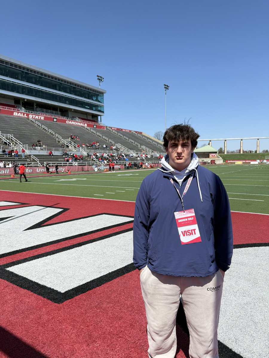 BolfAndy's tweet photo. Thank you @BallStateFB for having me out today! Had a great time and it was good to hear some pads hitting. Thanks Coaches @Coach_ABarr @CoachU_BSU @Coach_MJBunch 

@CGTrojanFB @akantecki @PrepRedzoneIL @NWHPreps https://t.co/wUcgcN73SD